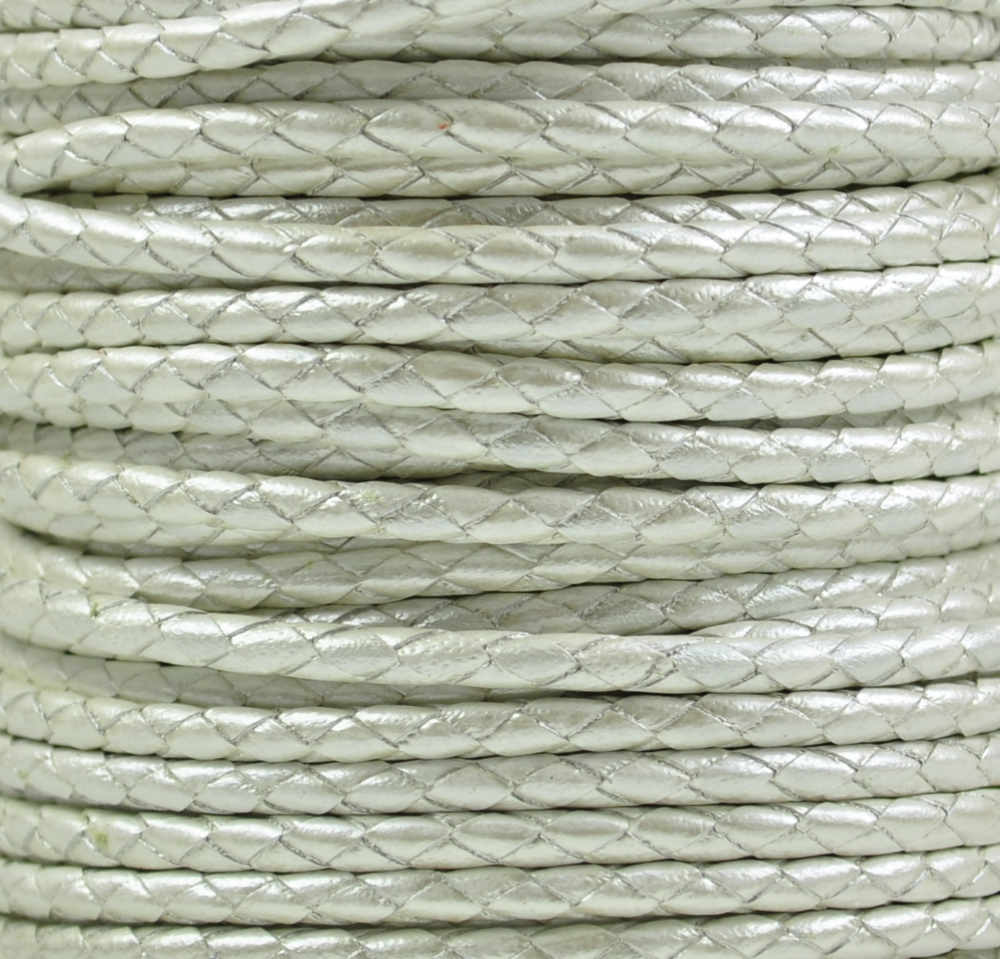 Braided Leather Cord Ø 3 mm White with metallic Luster, per Meter